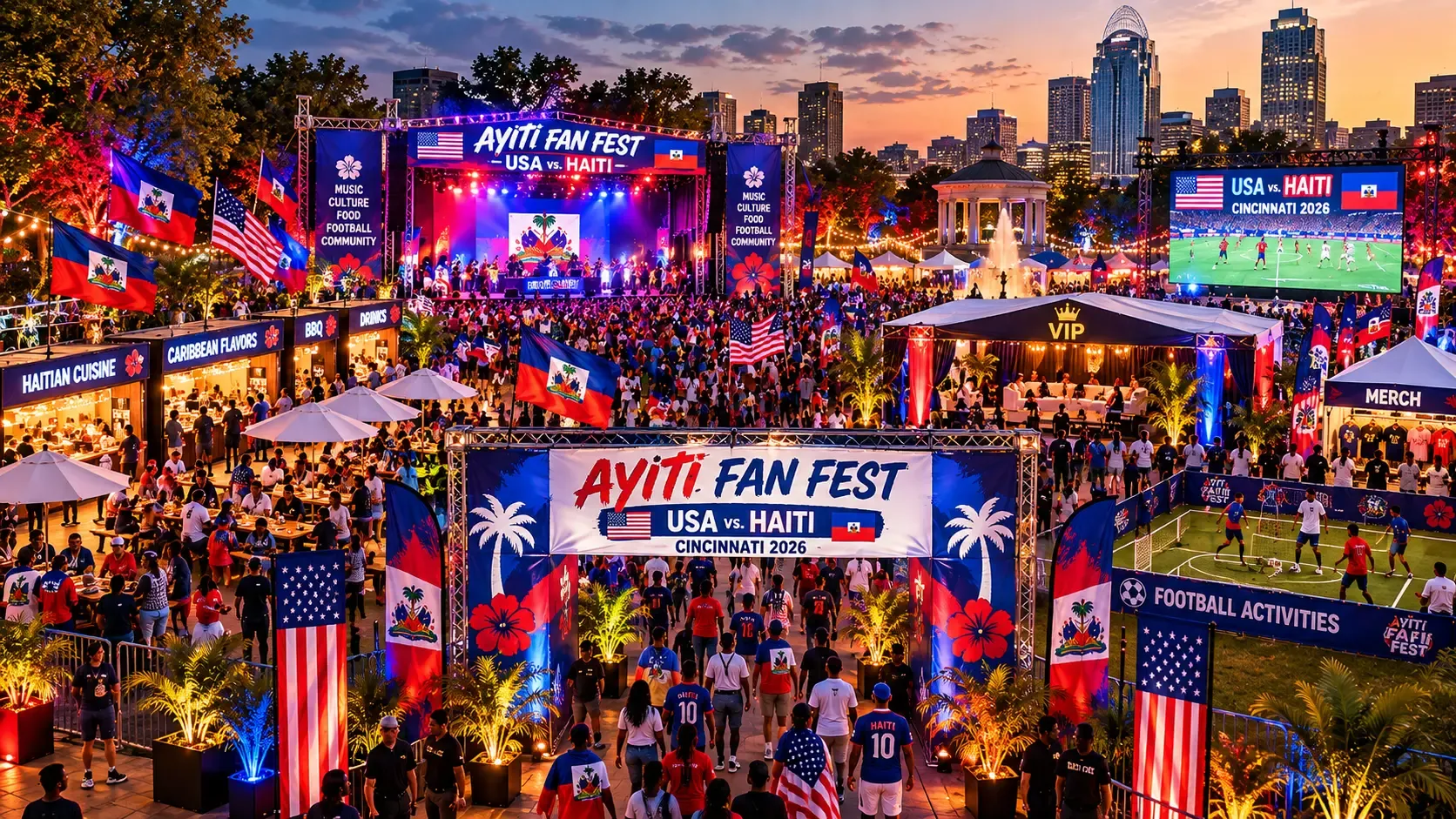 Aerial view of AYITI FAN FEST at dusk with stage, food stalls, VIP tent and football pitch