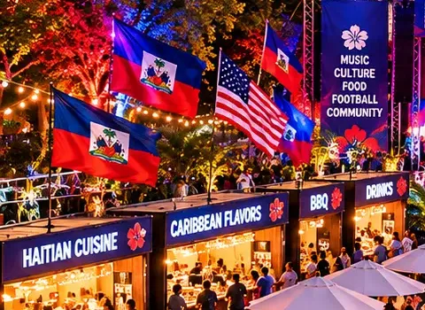 Haitian and American flags flying over the festival