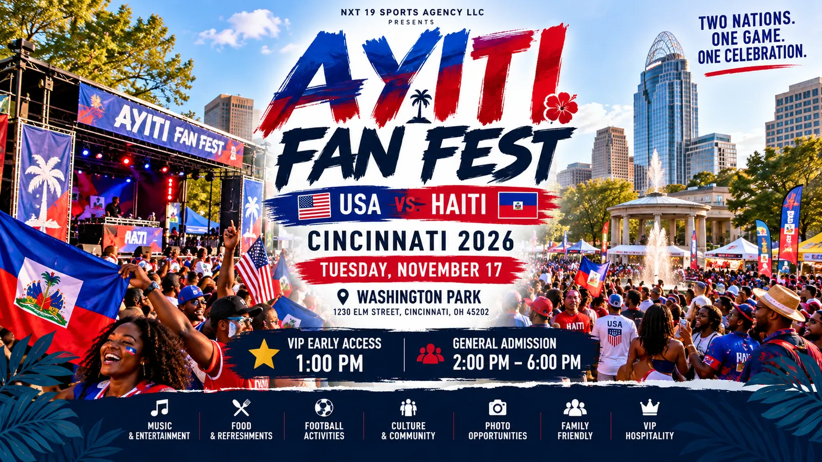 AYITI FAN FEST poster: Haiti and USA supporters celebrating with flags at Washington Park, Cincinnati